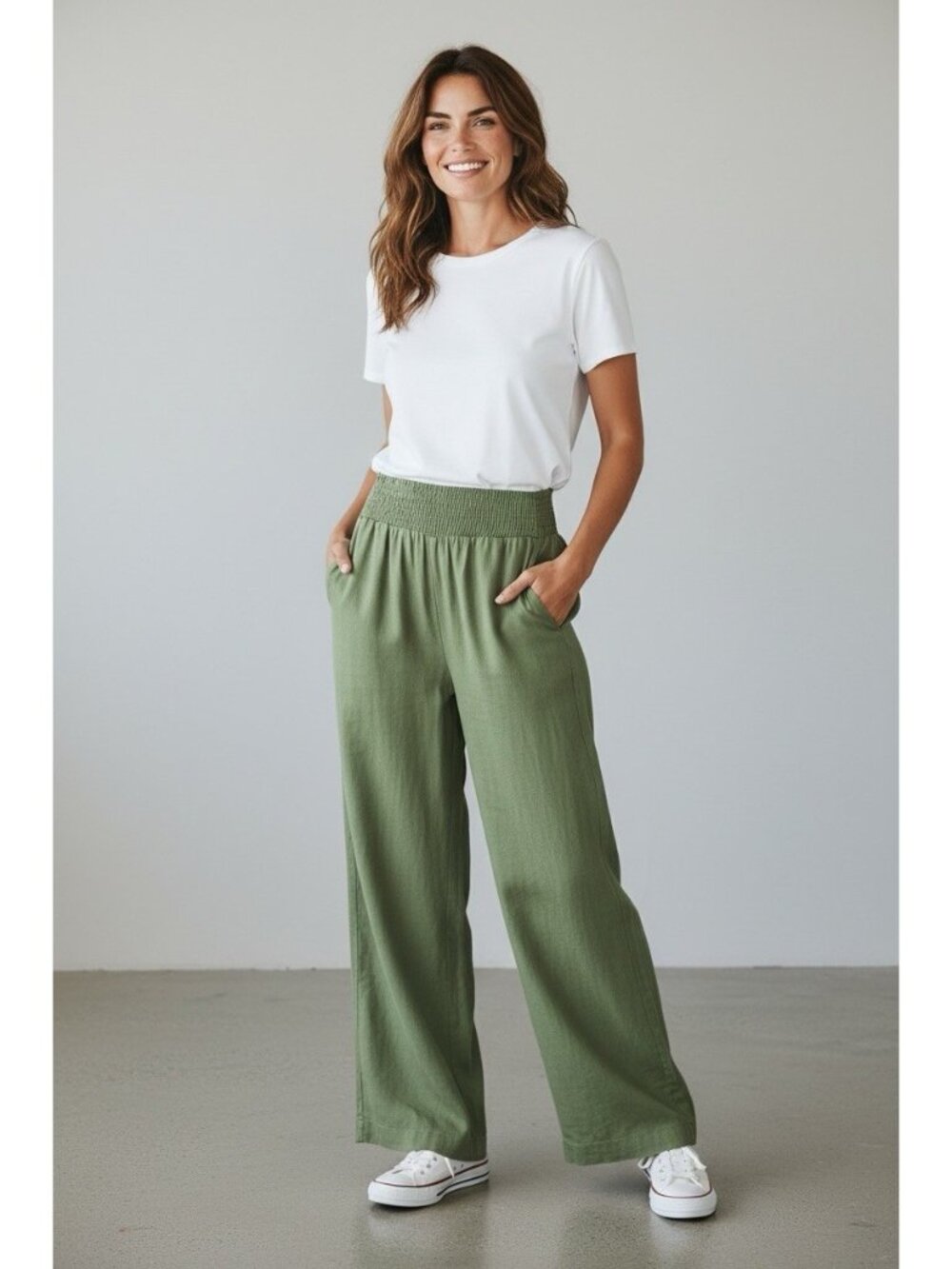 Love Tree Pants Womens LARGE Green 55% Linen Stretch Waist Straight Leg Pockets